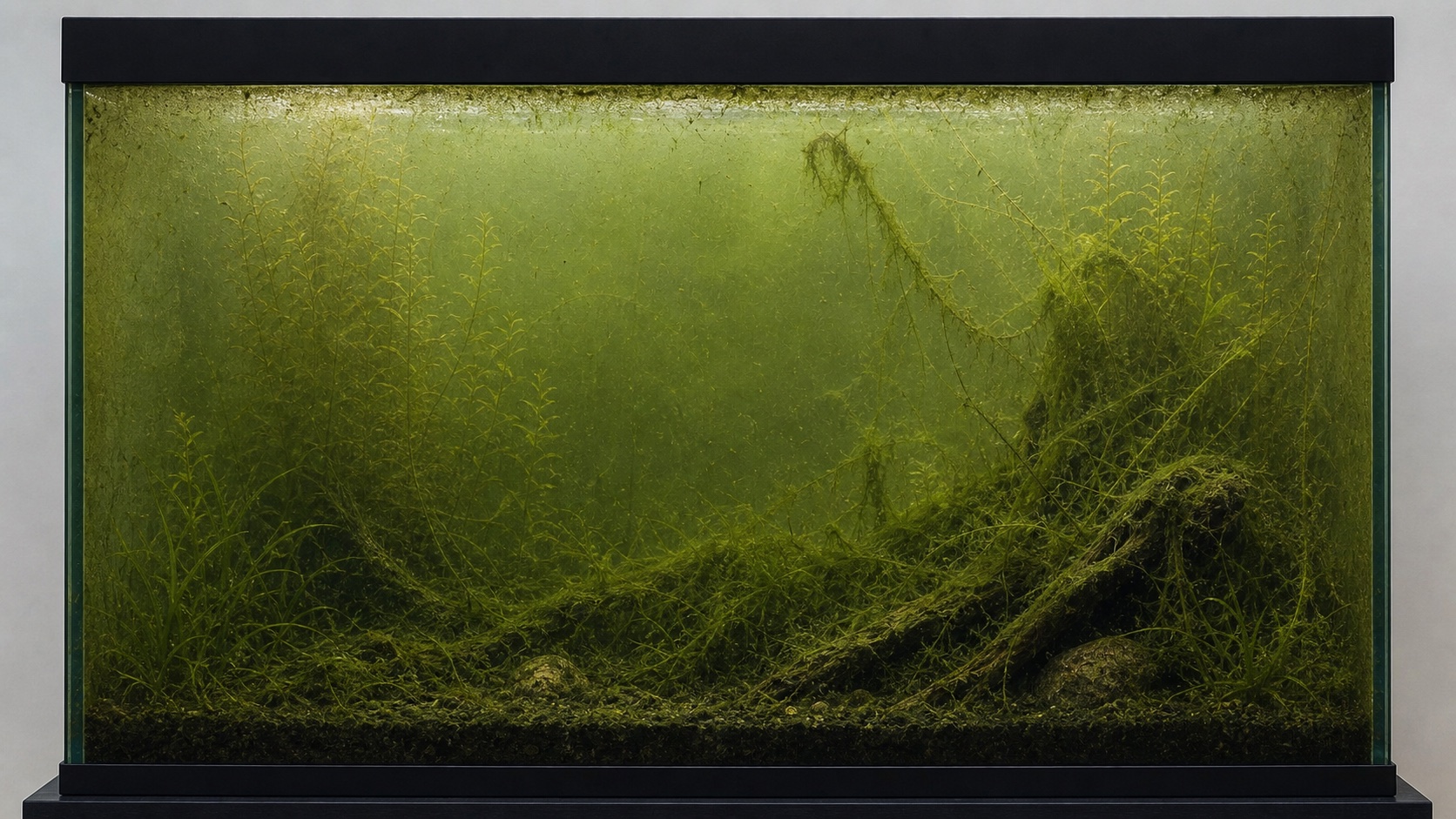 Aquarium with opaque green water and severe algae overgrowth