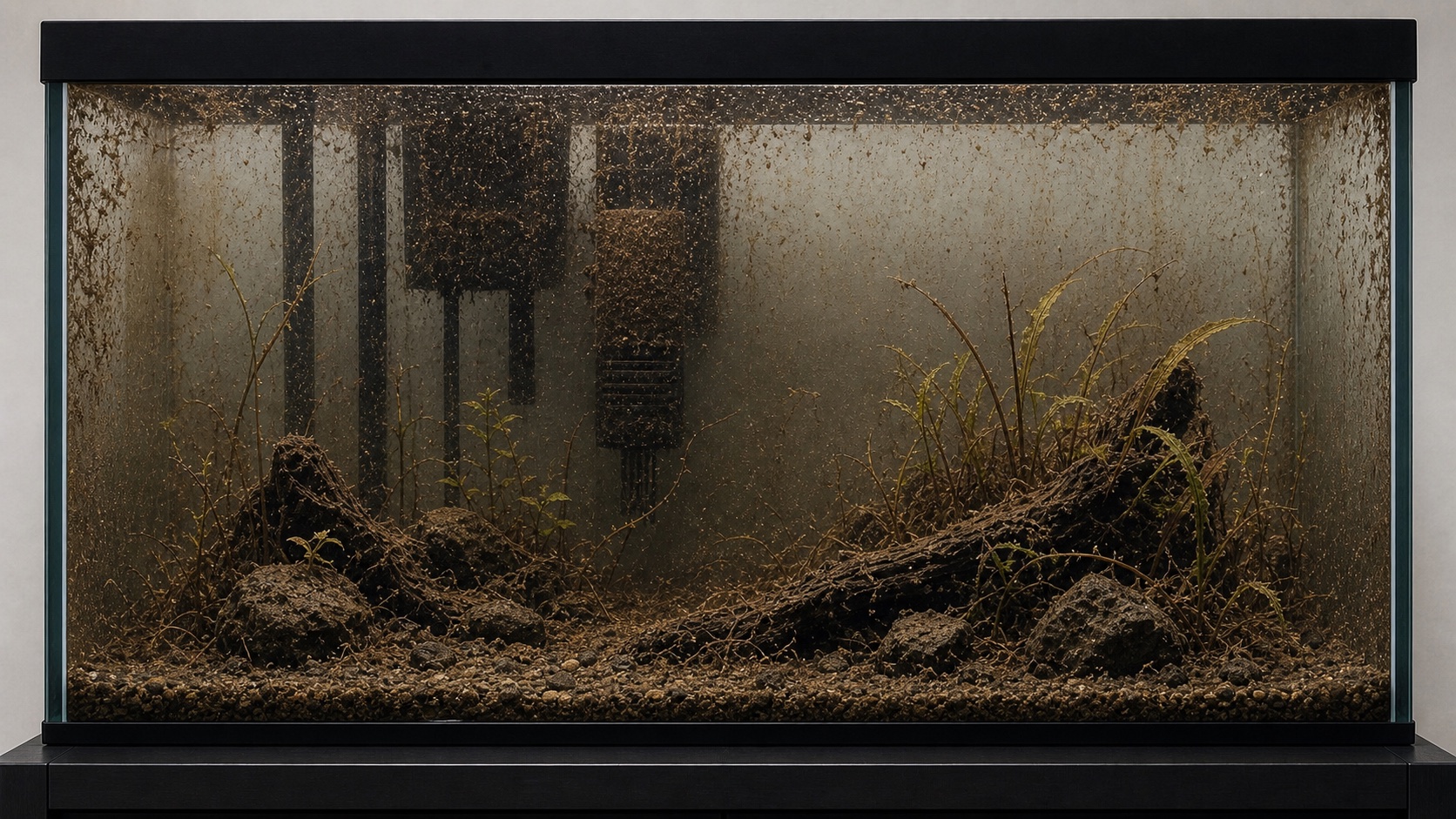 Aquarium with heavy detritus, brown buildup, and neglected equipment
